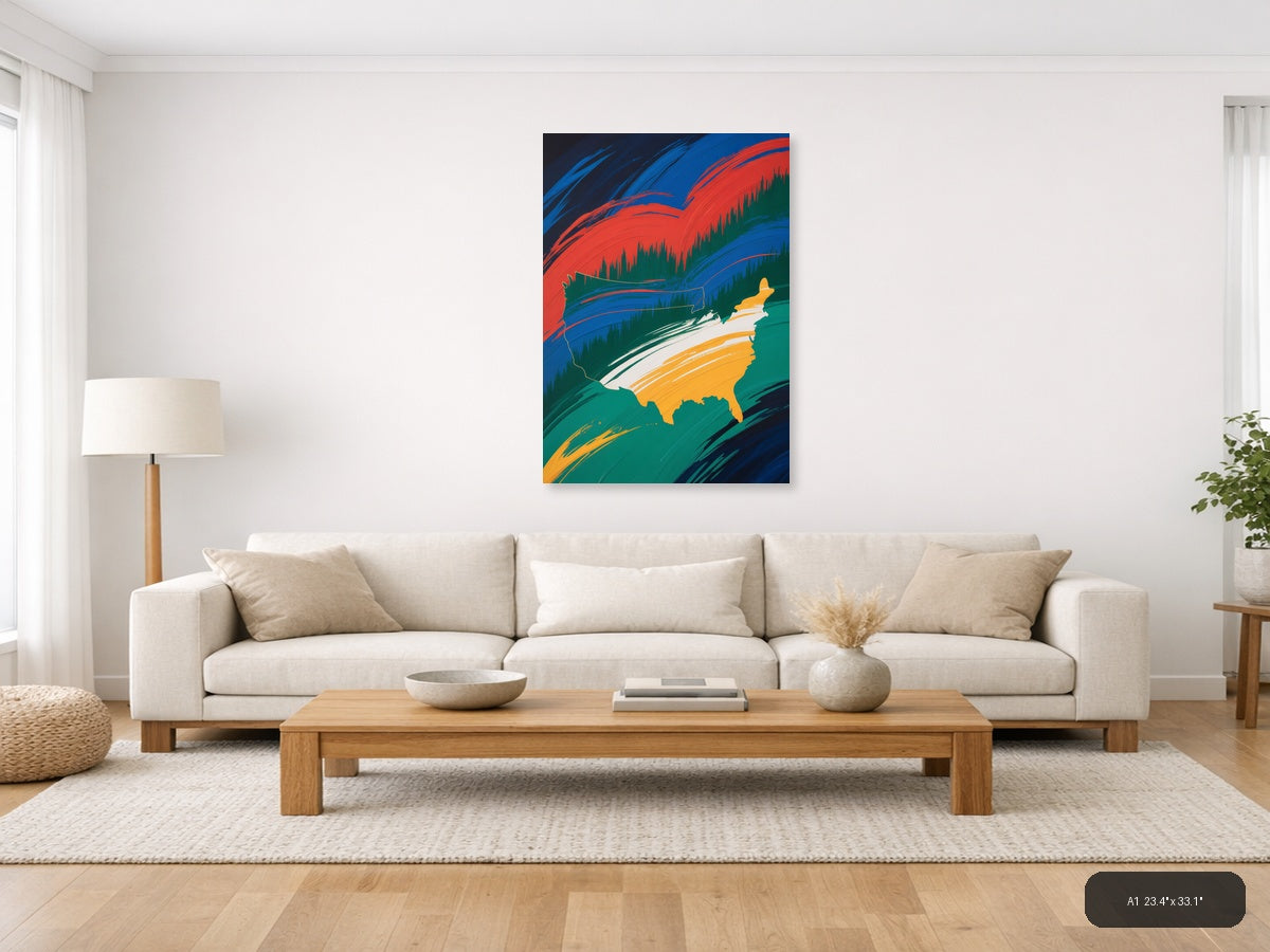 Abstract USA Map with Flowing Ribbons - Modern Wall Art — A1 / Living Room