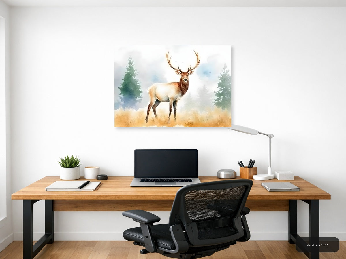 Majestic Elk in Forest Watercolor Wall Art — A2 / Office