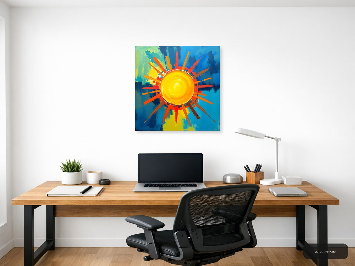 Abstract Sun Burst Modern Art | Vibrant Yellow Blue Wall Art — A2 / Office