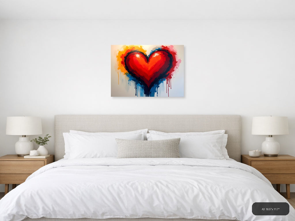 Abstract Red Heart with Colorful Drip Abstract Wall Art — A3 / Bedroom
