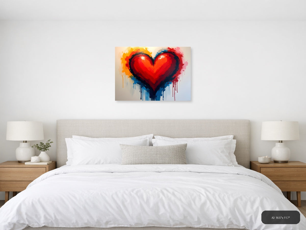 Abstract Red Heart with Colorful Drip Abstract Wall Art — A3 / Bedroom