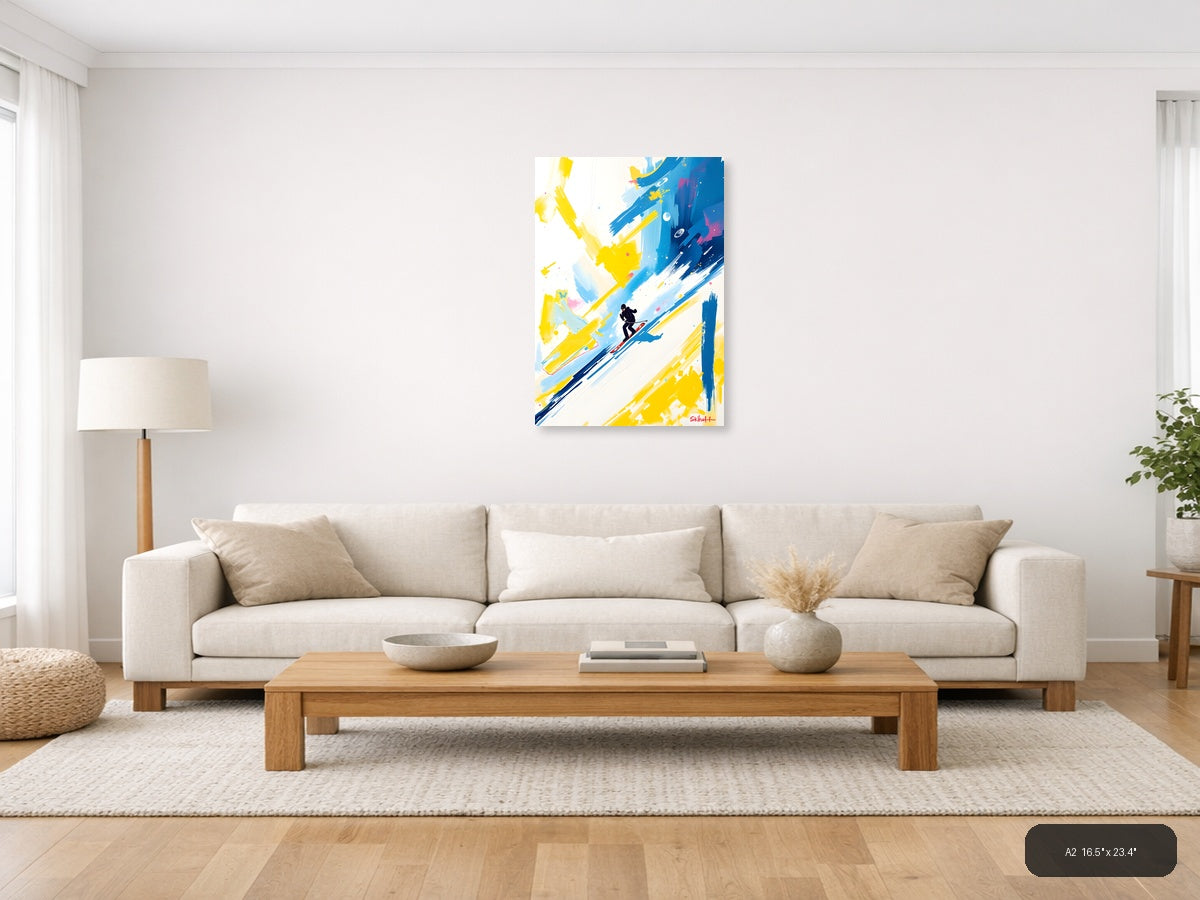 Abstract Skier in Blue & Yellow Strokes Wall Art — A2 / Living Room