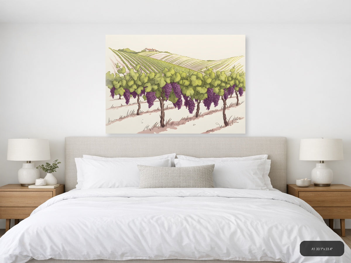 Vineyard Landscape with Purple Grapes Line Art Wall Art — A1 / Bedroom