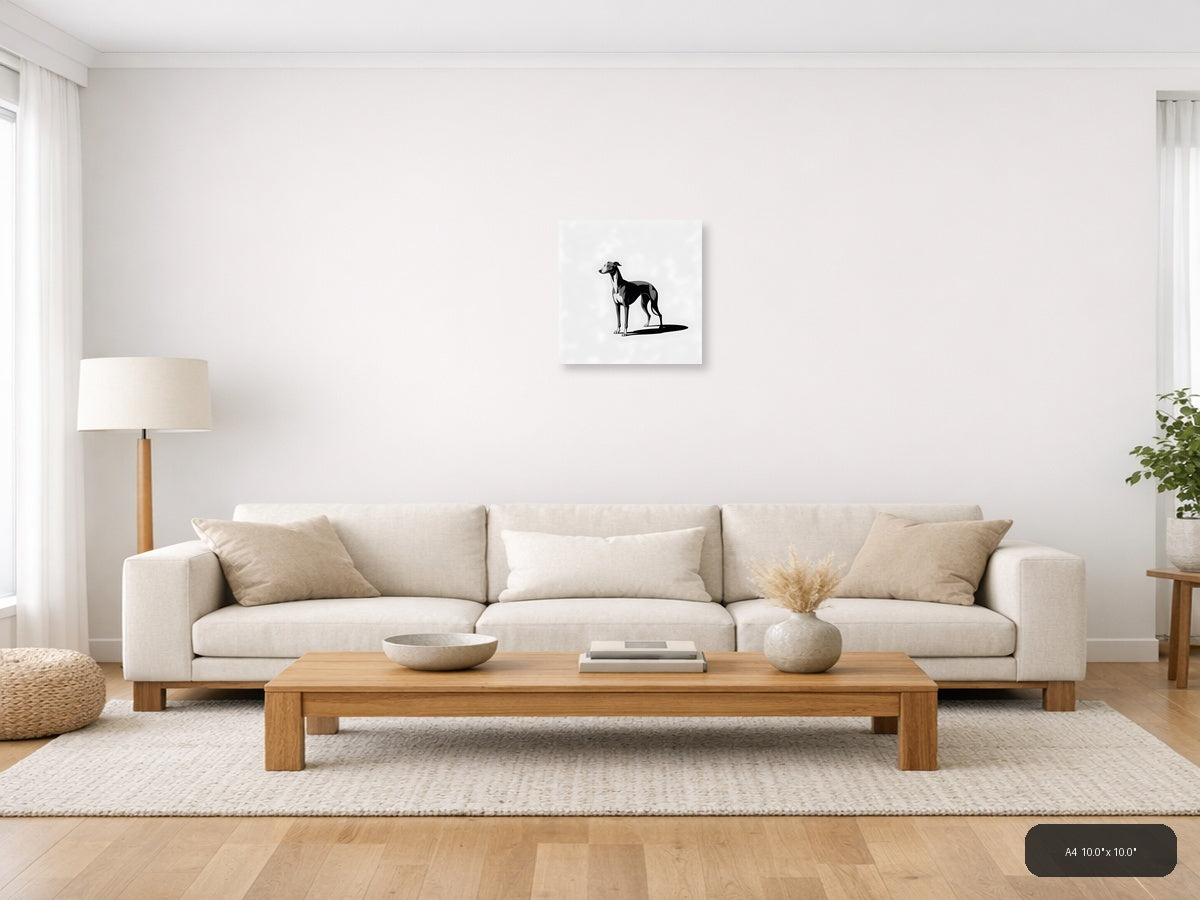 Minimalist Black Greyhound Dog Standing Wall Art — A4 / Living Room