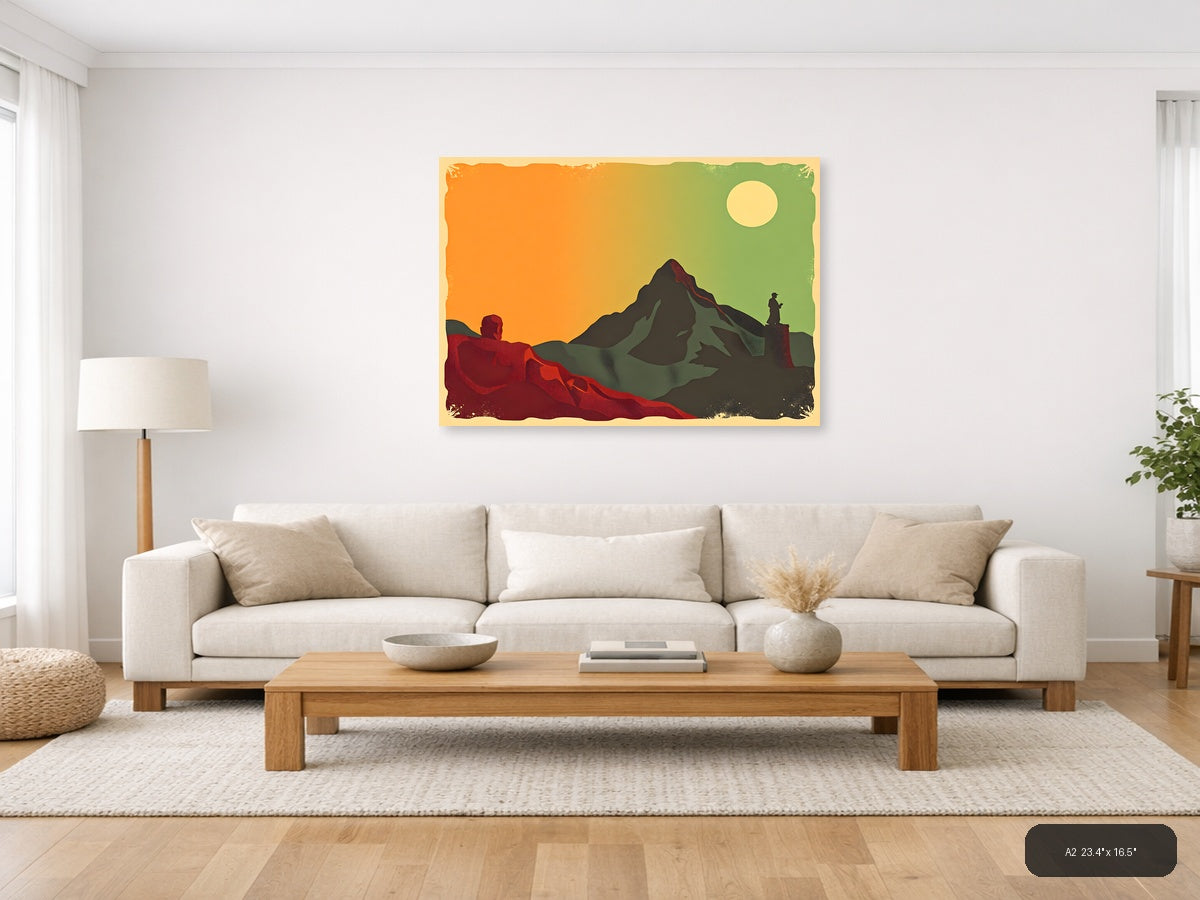 Vintage Mountain Landscape with Hikers - Retro Wall Art — A2 / Living Room