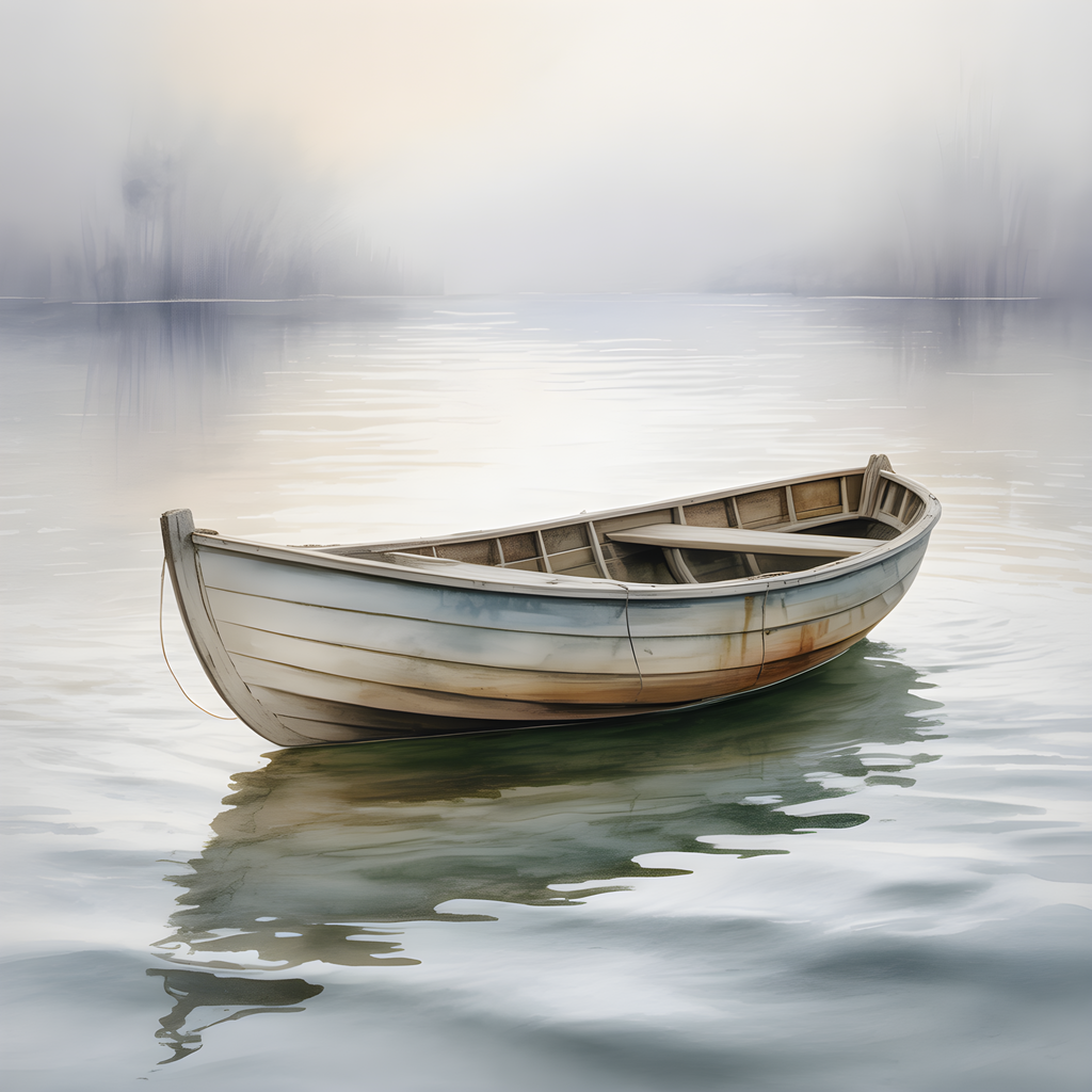 Misty Boat Reflection Watercolor Wall Art