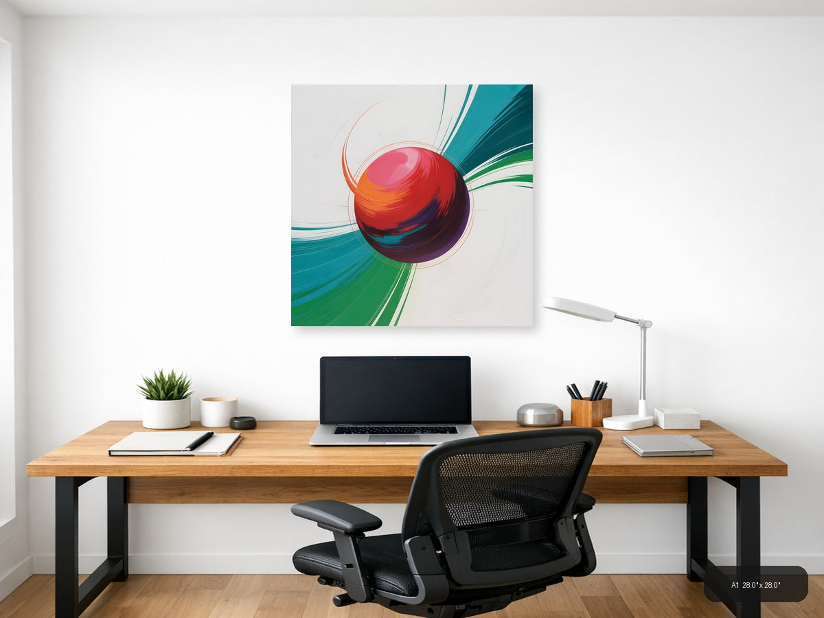 Red Sphere with Teal & Green Wave Abstract Wall Art — A1 / Office