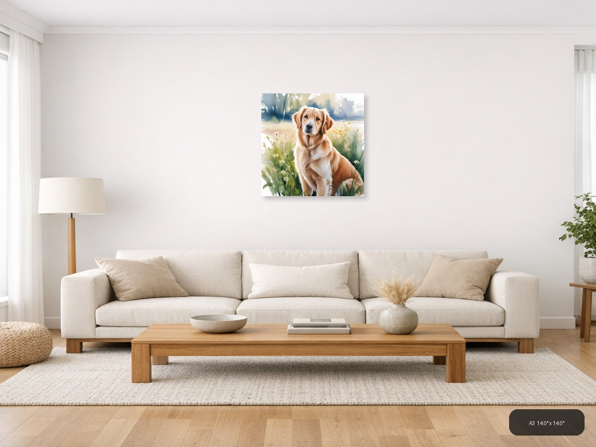 Golden Retriever in Wildflowers Watercolor Wall Art — A3 / Living Room