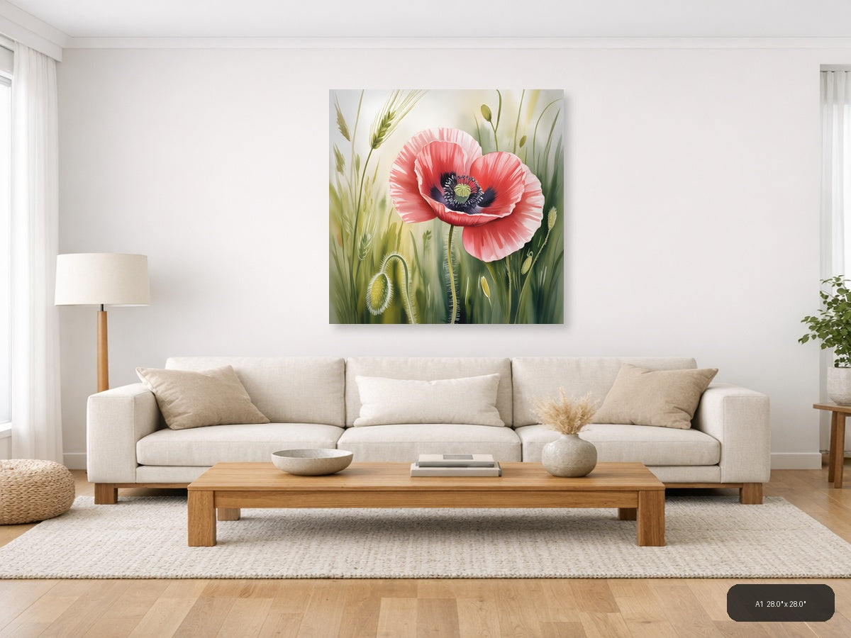 Red Poppy Watercolor Flower with Wheat Field Wall Art — A1 / Living Room