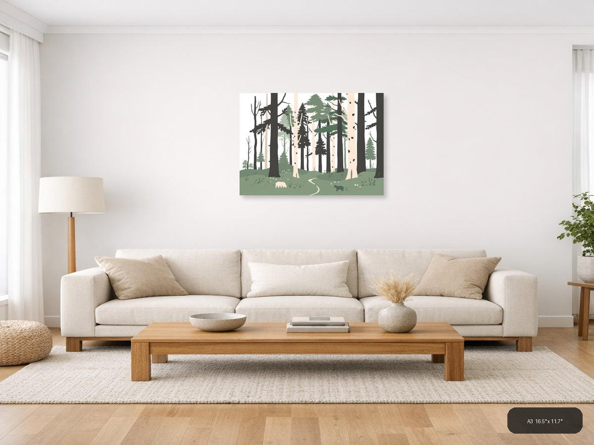 Minimalist Forest Path with Wildlife Wall Art — A3 / Living Room