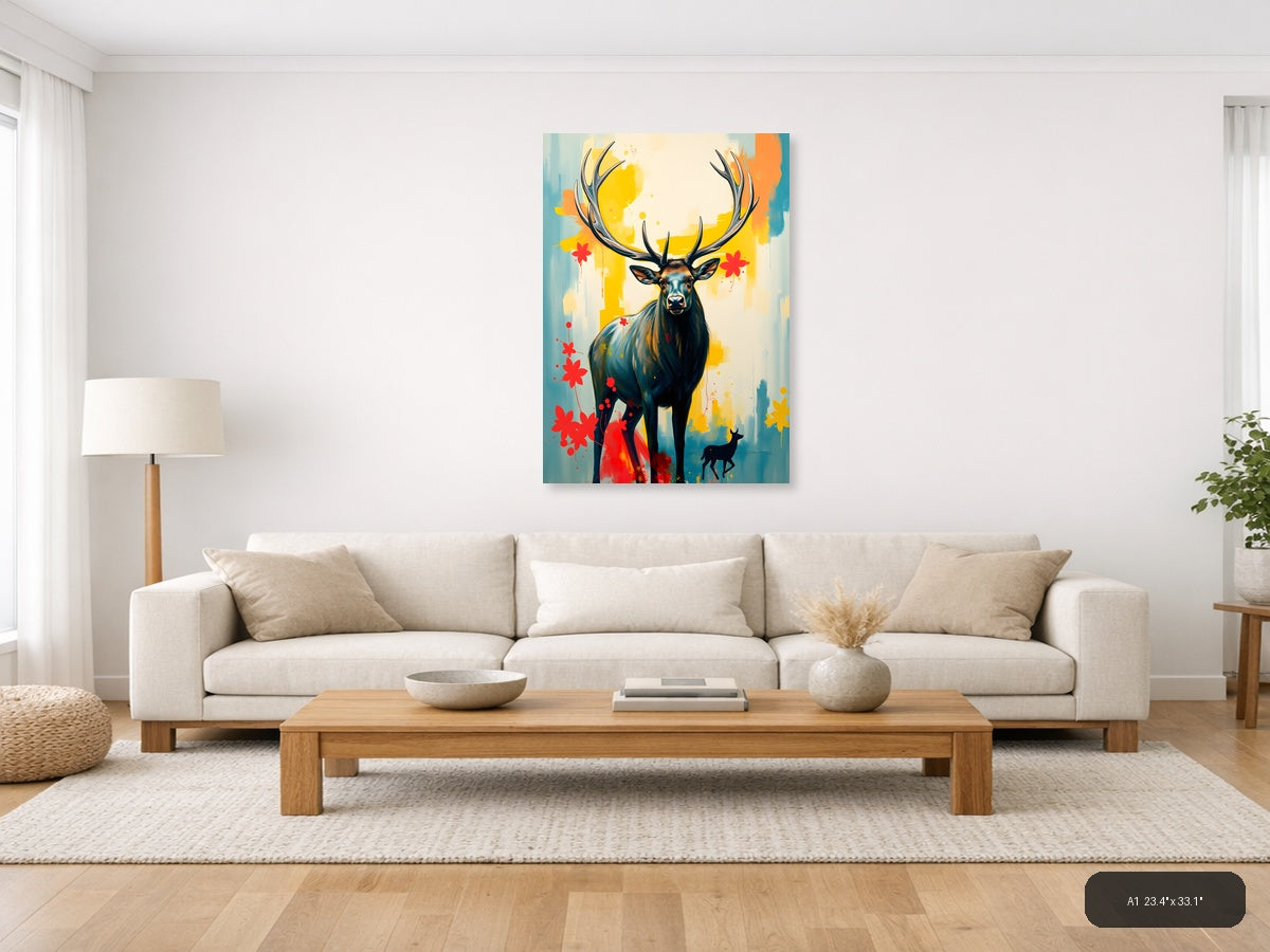 Abstract Deer with Antlers - Modern Yellow & Red Wall Art — A1 / Living Room