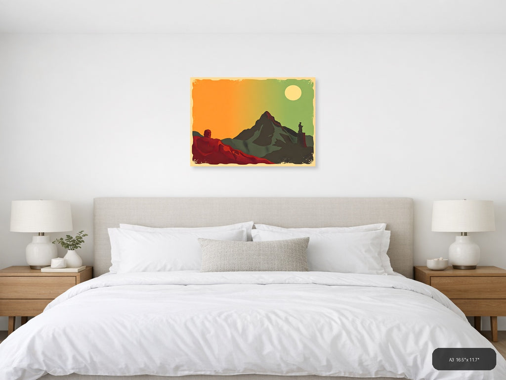 Vintage Mountain Landscape with Hikers - Retro Wall Art — A3 / Bedroom