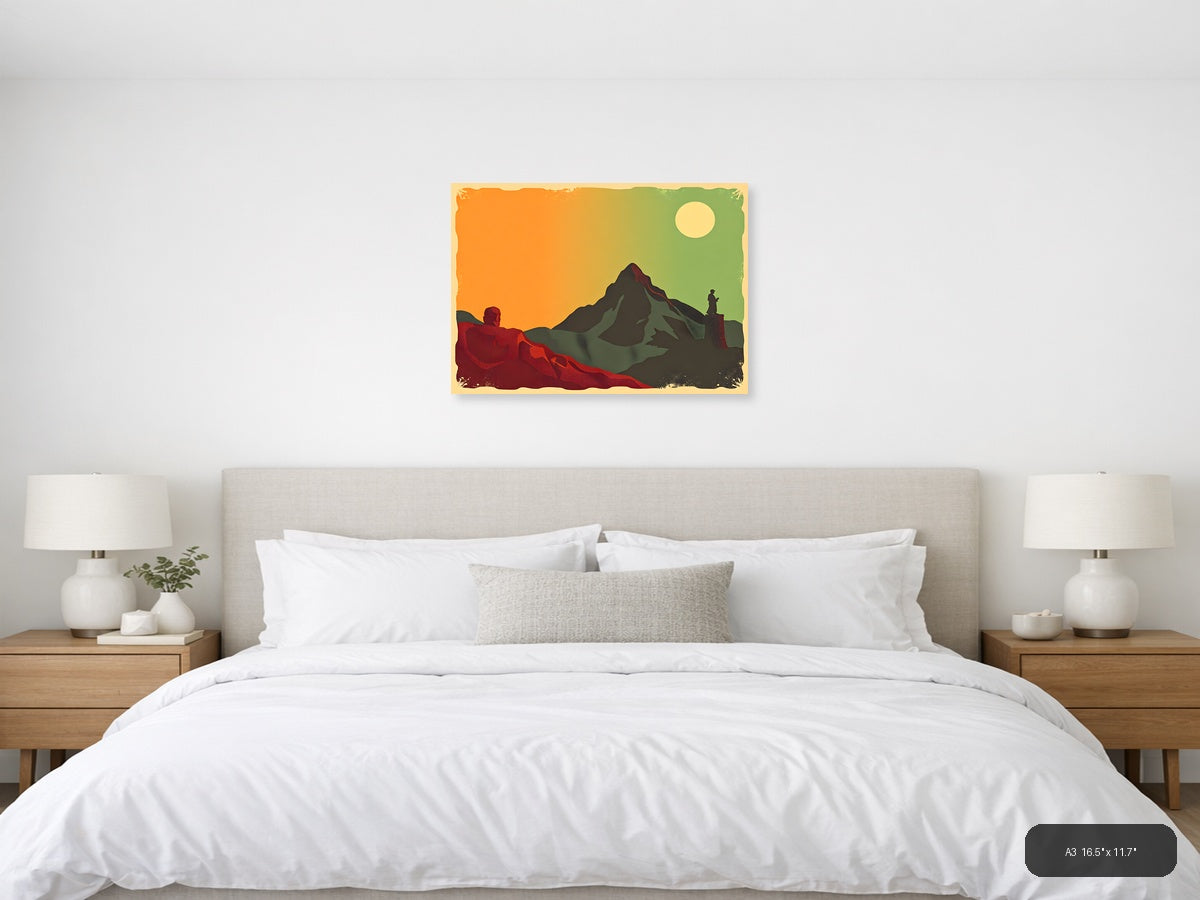 Vintage Mountain Landscape with Hikers - Retro Wall Art — A3 / Bedroom