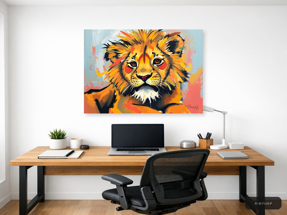 Abstract Lion Portrait - Vibrant Orange Wall Art — A1 / Office