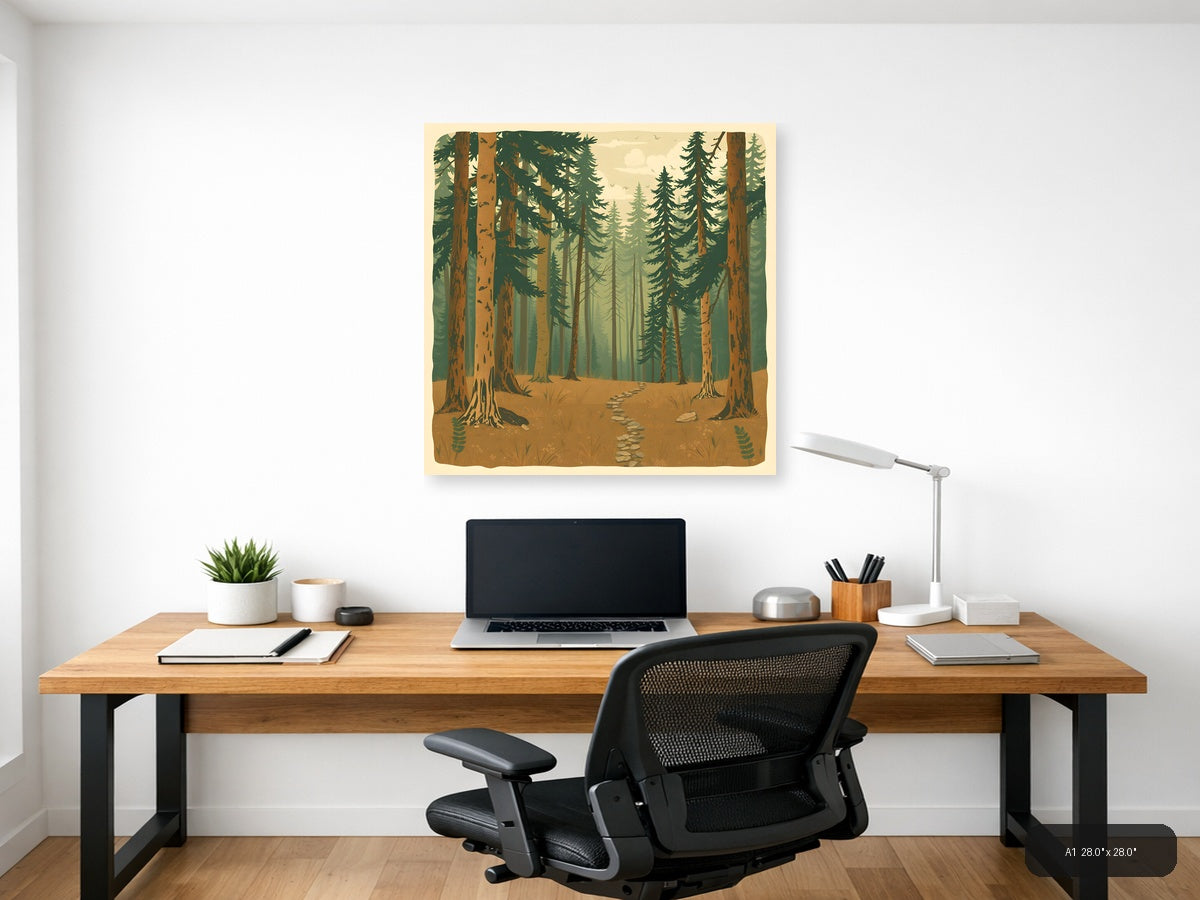 Vintage Forest Path Through Tall Pine Trees Wall Art — A1 / Office