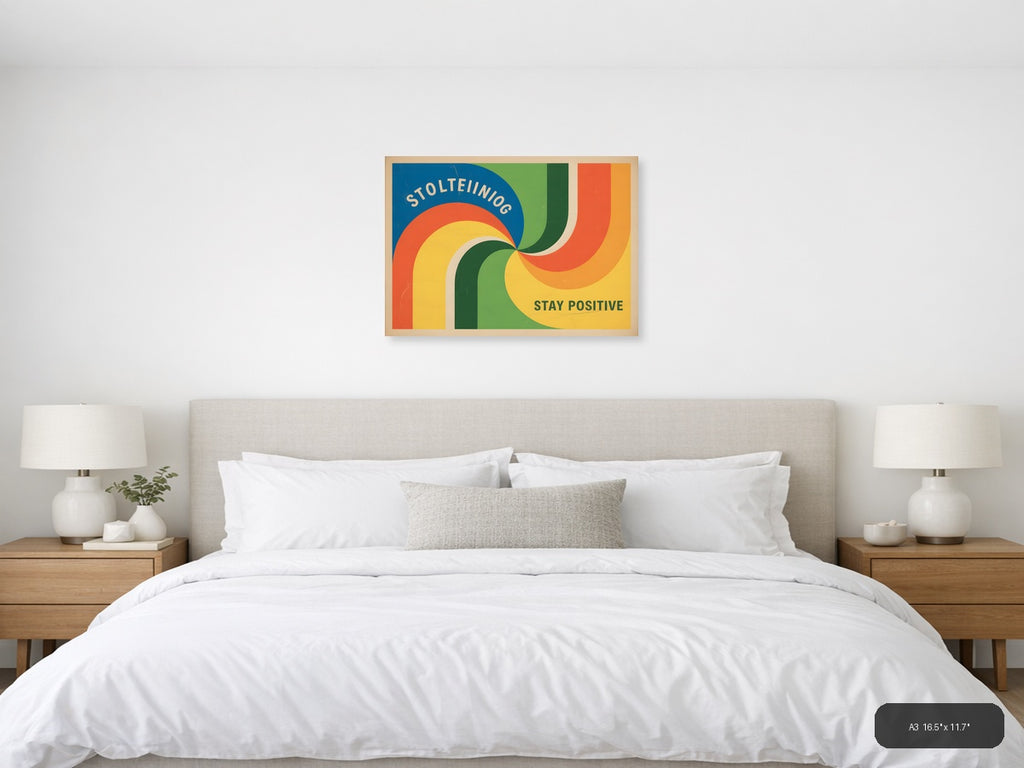Vintage Retro Rainbow Curves 'Stay Positive' Wall Art — A3 / Bedroom