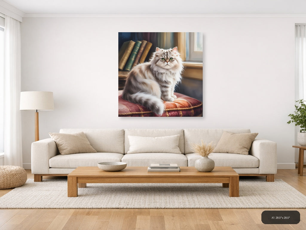 Fluffy White Cat by Books Watercolor Wall Art — A1 / Living Room