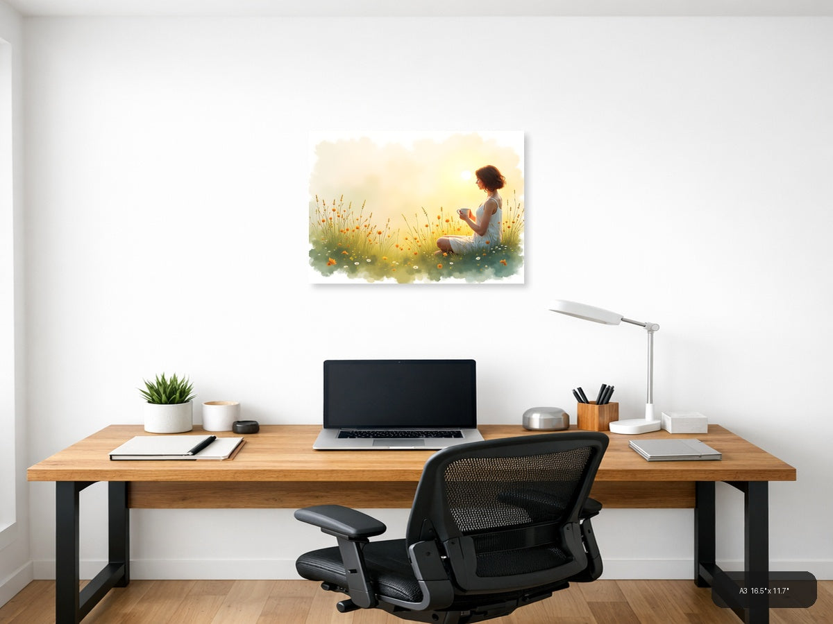 Woman in Wildflower Field at Sunrise Watercolor Wall Art — A3 / Office