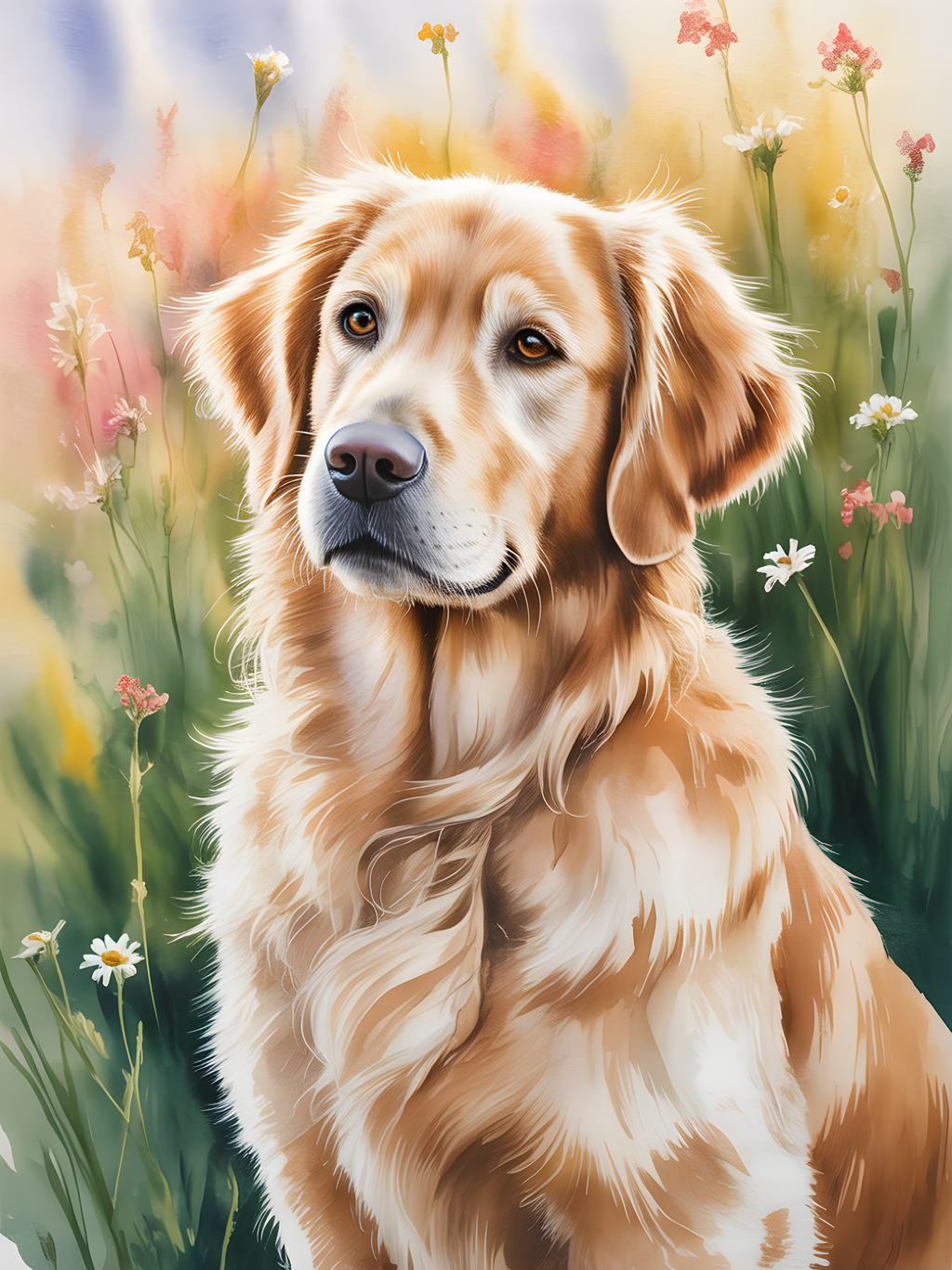 Golden Retriever in Wildflower Meadow Watercolor Wall Art