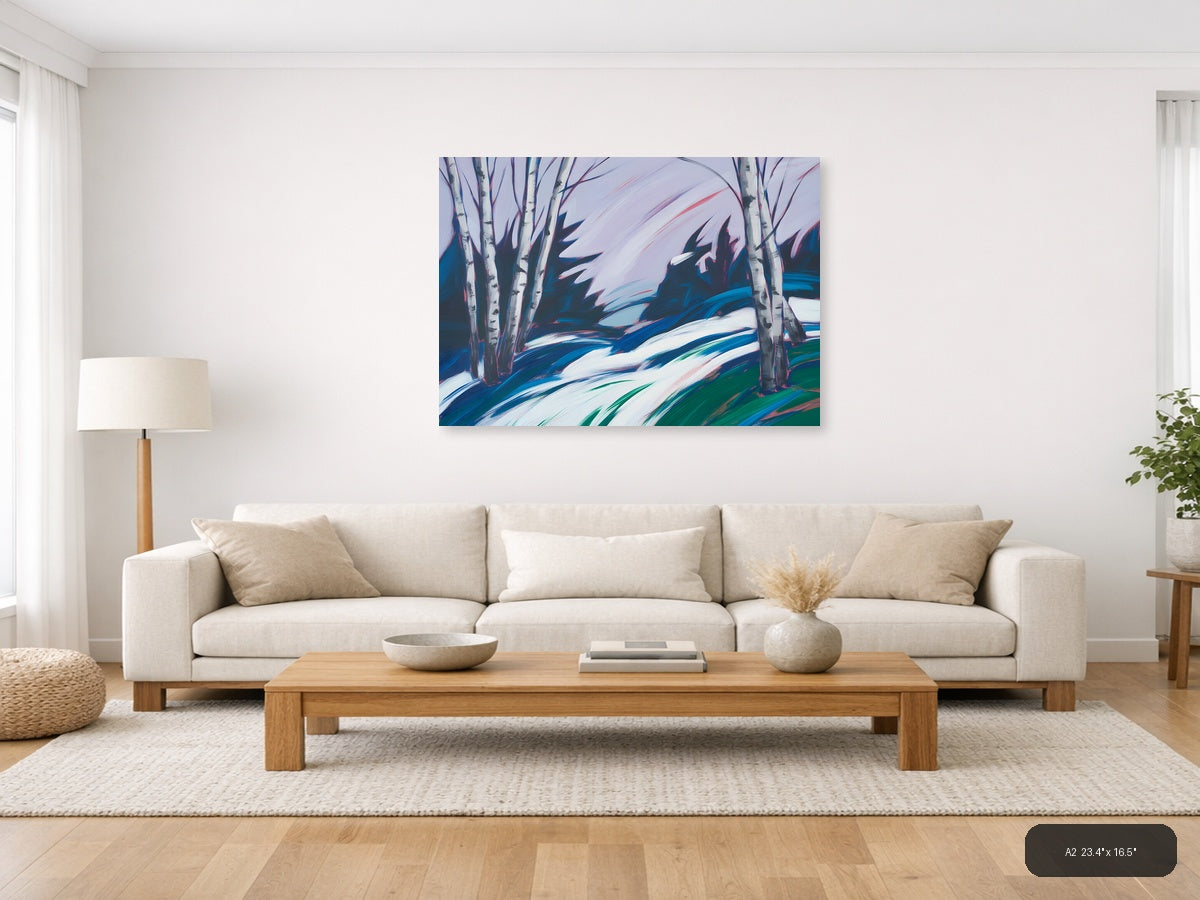 Abstract Winter Birch Trees Snow Landscape Wall Art — A2 / Living Room