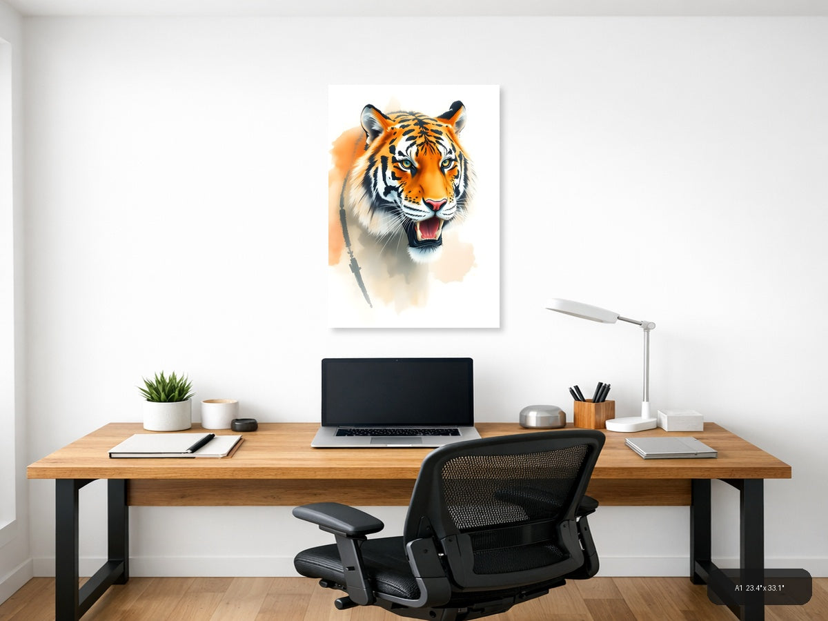 Orange Tiger Portrait Watercolor Wall Art — A1 / Office