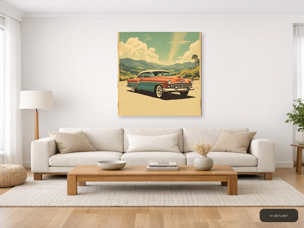 Vintage 1950s Classic Car Desert Landscape Wall Art — A1 / Living Room