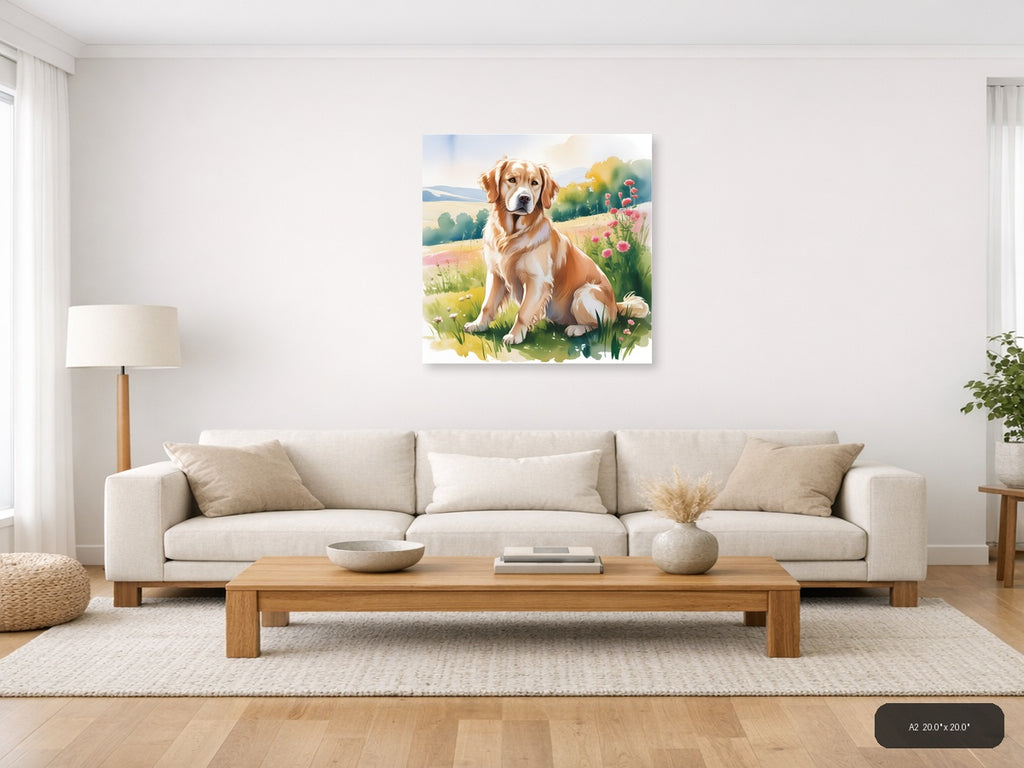 Brown and White Dog in Wildflower Meadow Watercolor Wall Art — A2 / Living Room