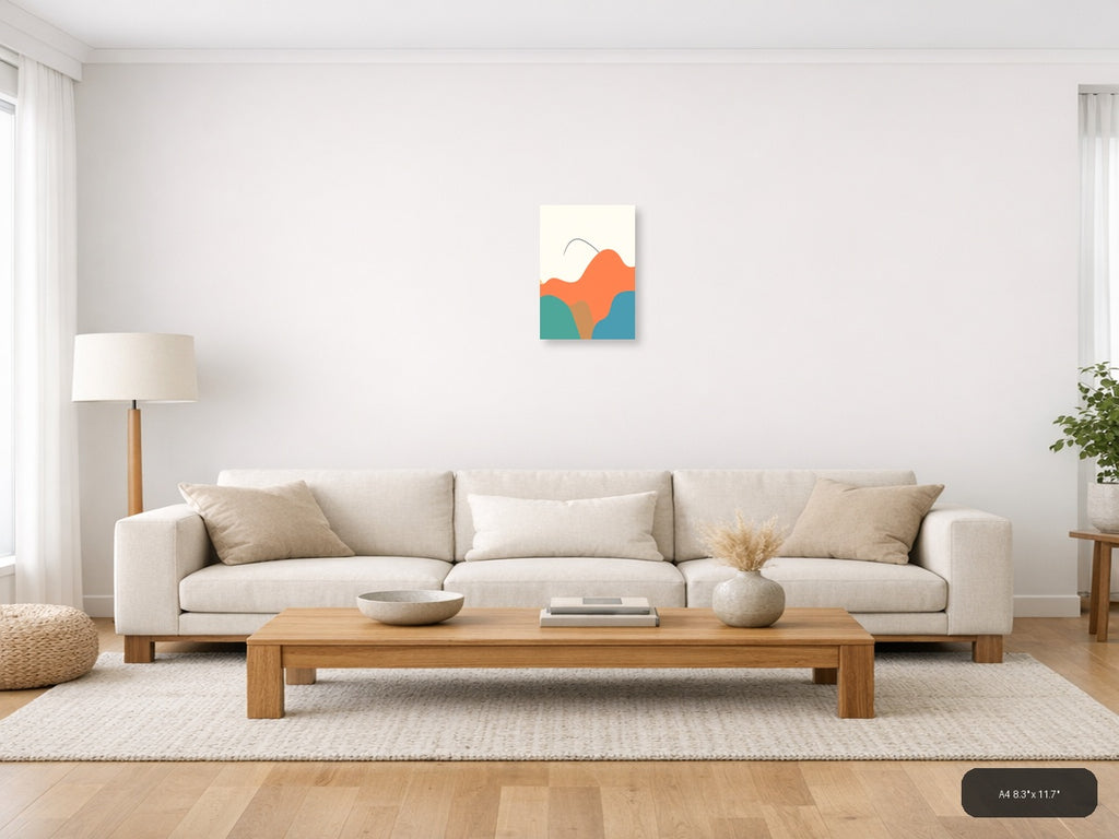 Minimalist Abstract Waves in Coral, Teal & Blue Wall Art — A4 / Living Room
