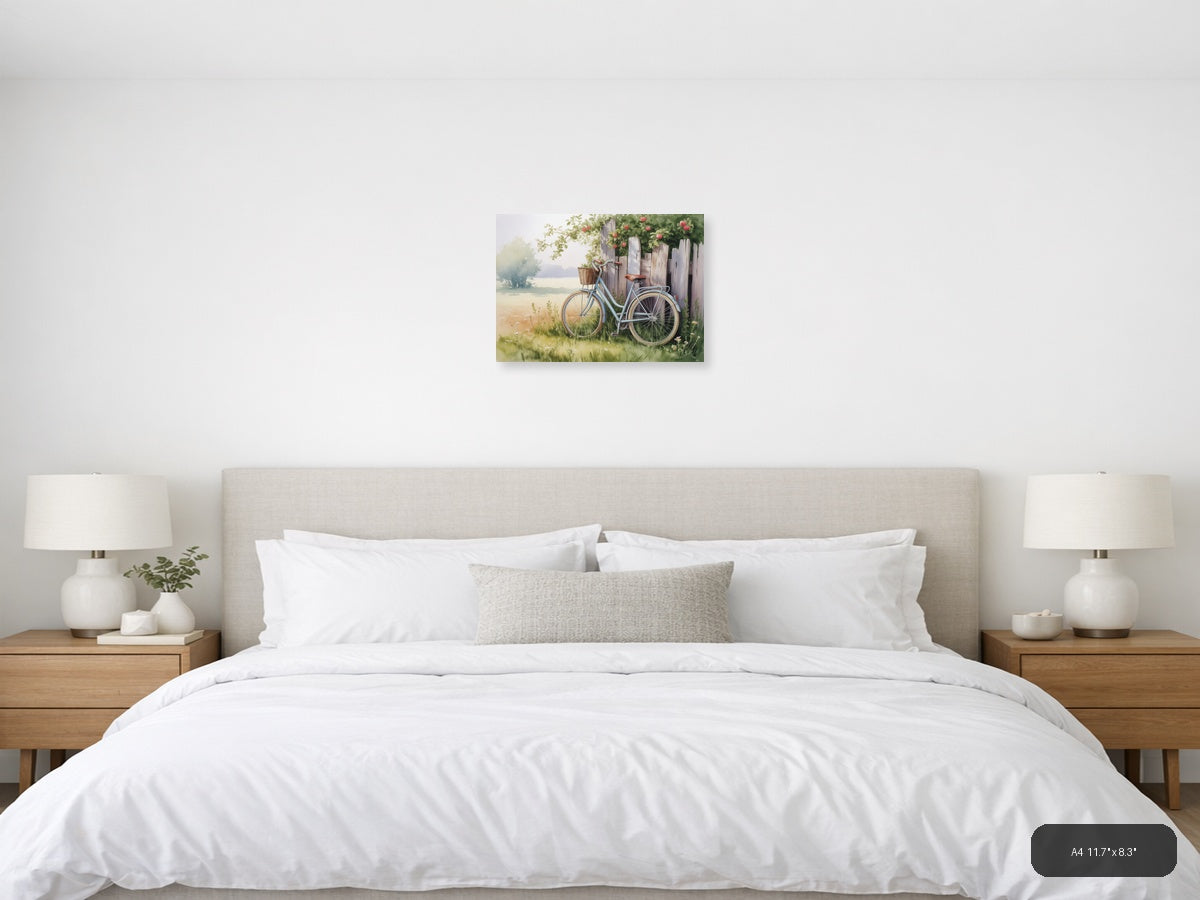 Vintage Bicycle by Wooden Fence - Watercolor Wall Art — A4 / Bedroom