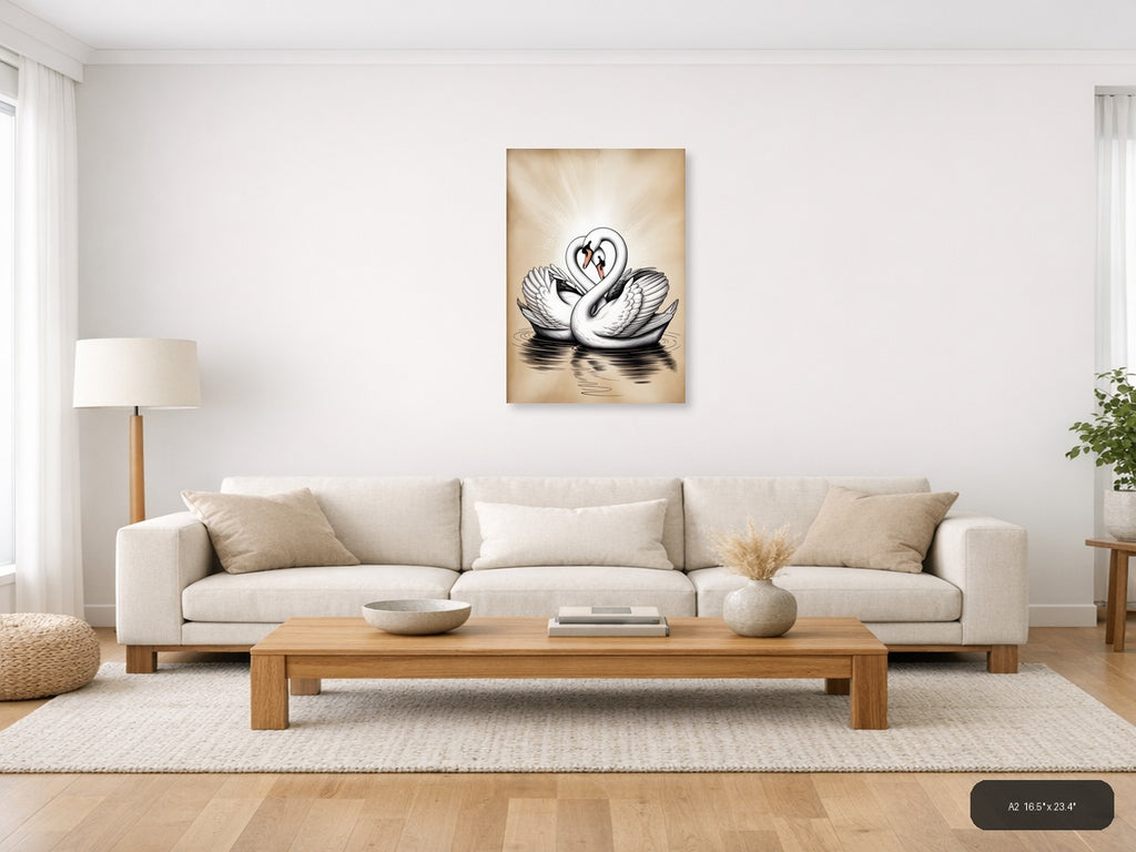 Two Swans Heart Shape Line Art Wall Art — A2 / Living Room