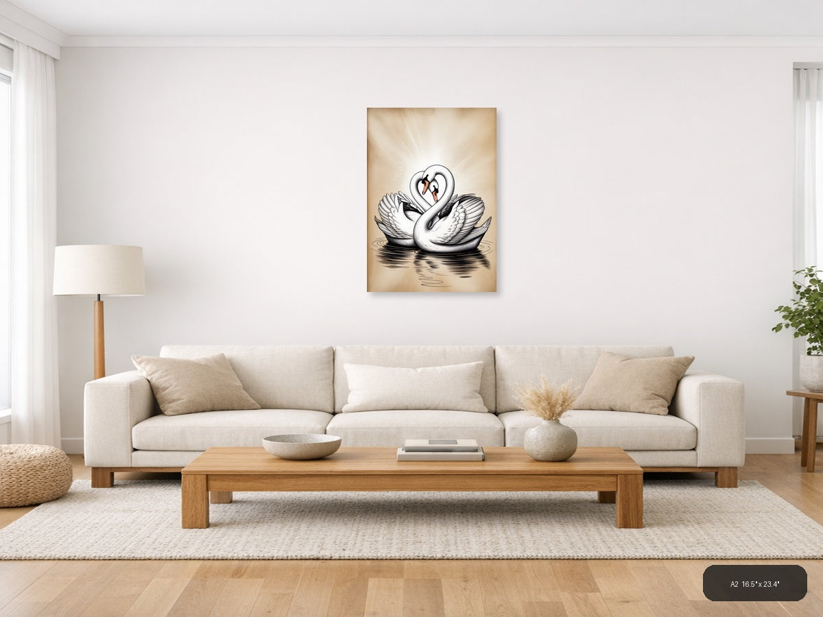 Two Swans Heart Shape Line Art Wall Art — A2 / Living Room