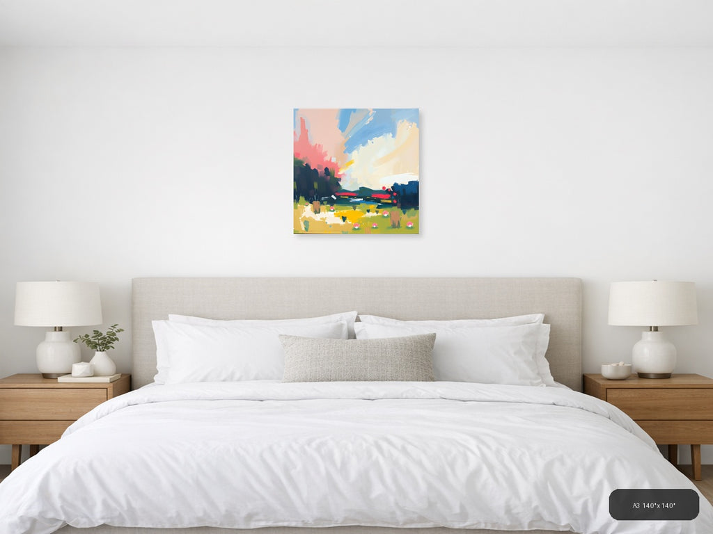 Abstract Landscape with Pink Sky & Green Fields Wall Art — A3 / Bedroom