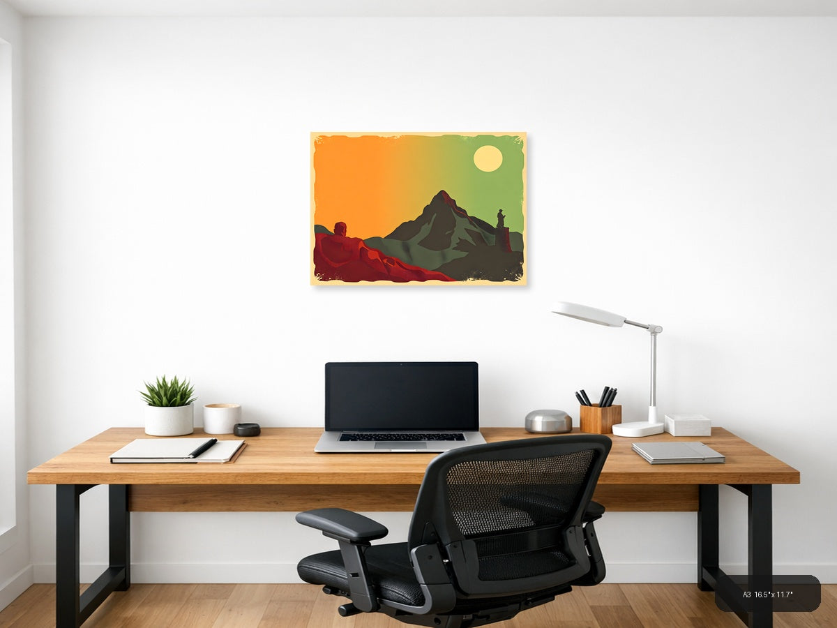 Vintage Mountain Landscape with Hikers - Retro Wall Art — A3 / Office