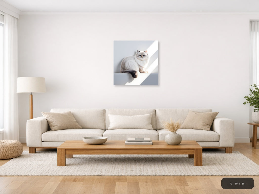 Minimalist White Cat with Blue Eyes Square Wall Art — A3 / Living Room