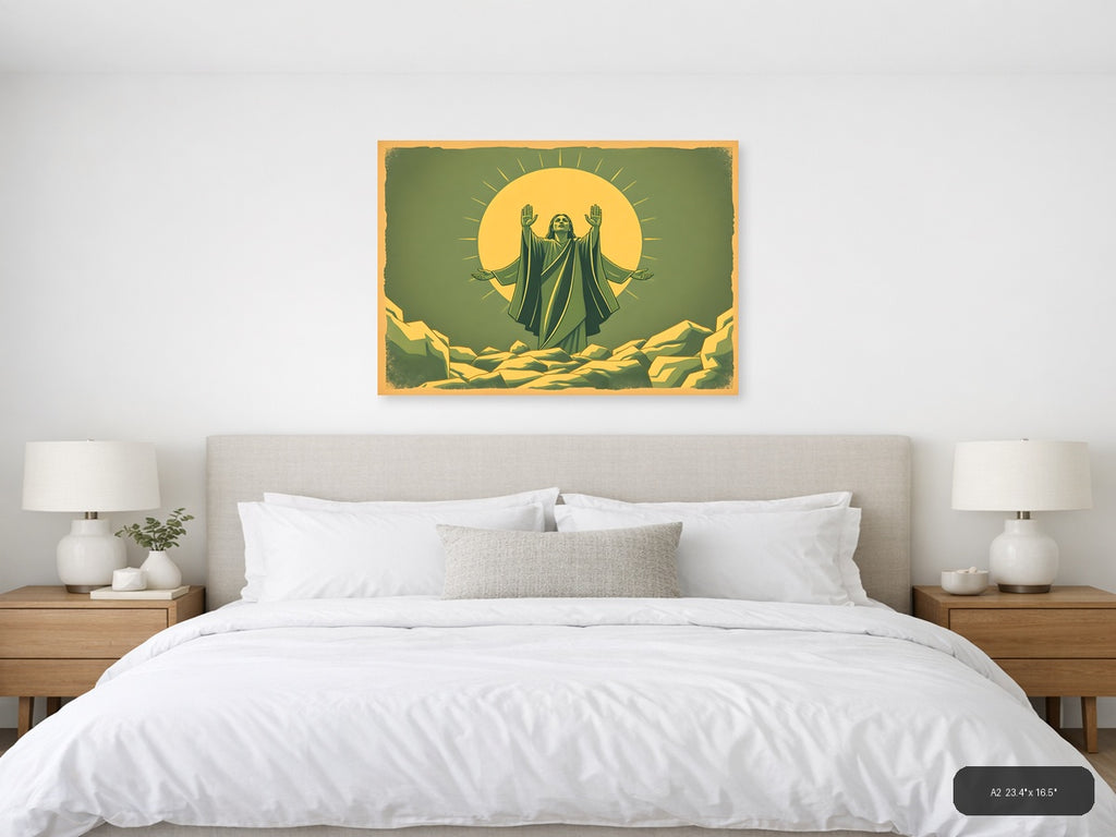 Vintage Spiritual Figure with Radiating Sun Halo Wall Art — A2 / Bedroom