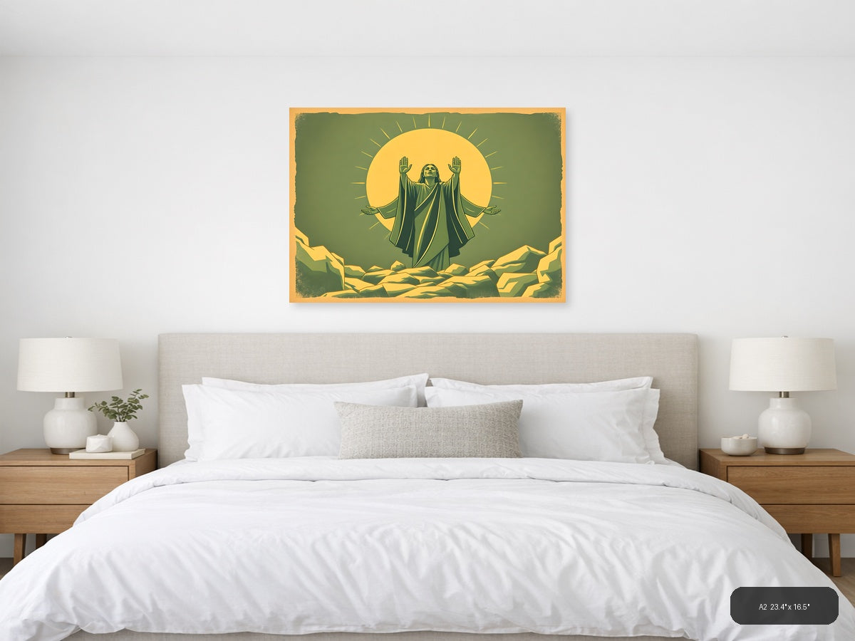 Vintage Spiritual Figure with Radiating Sun Halo Wall Art — A2 / Bedroom