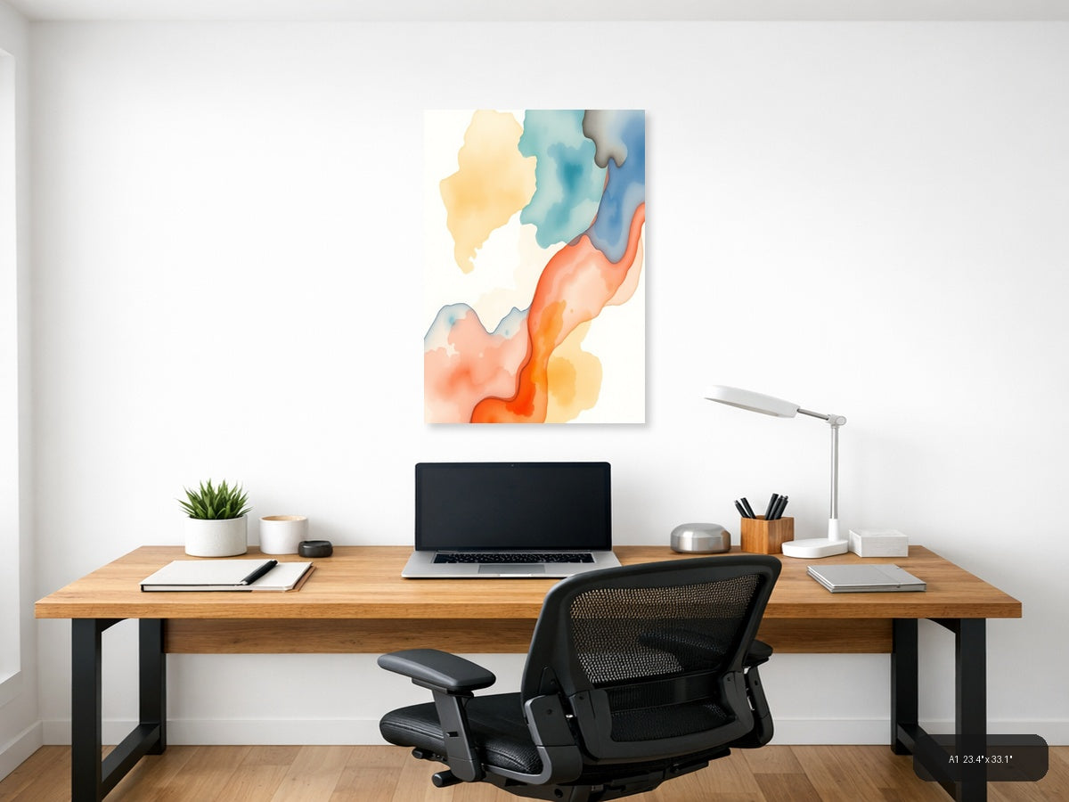 Abstract Watercolor Landscape with Warm Orange & Cool Blue Wall Art — A1 / Office