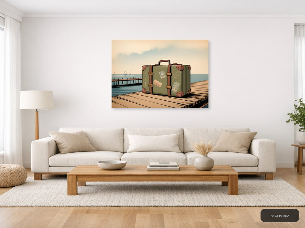 Vintage Suitcase on Dock - Coastal Travel Wall Art — A2 / Living Room