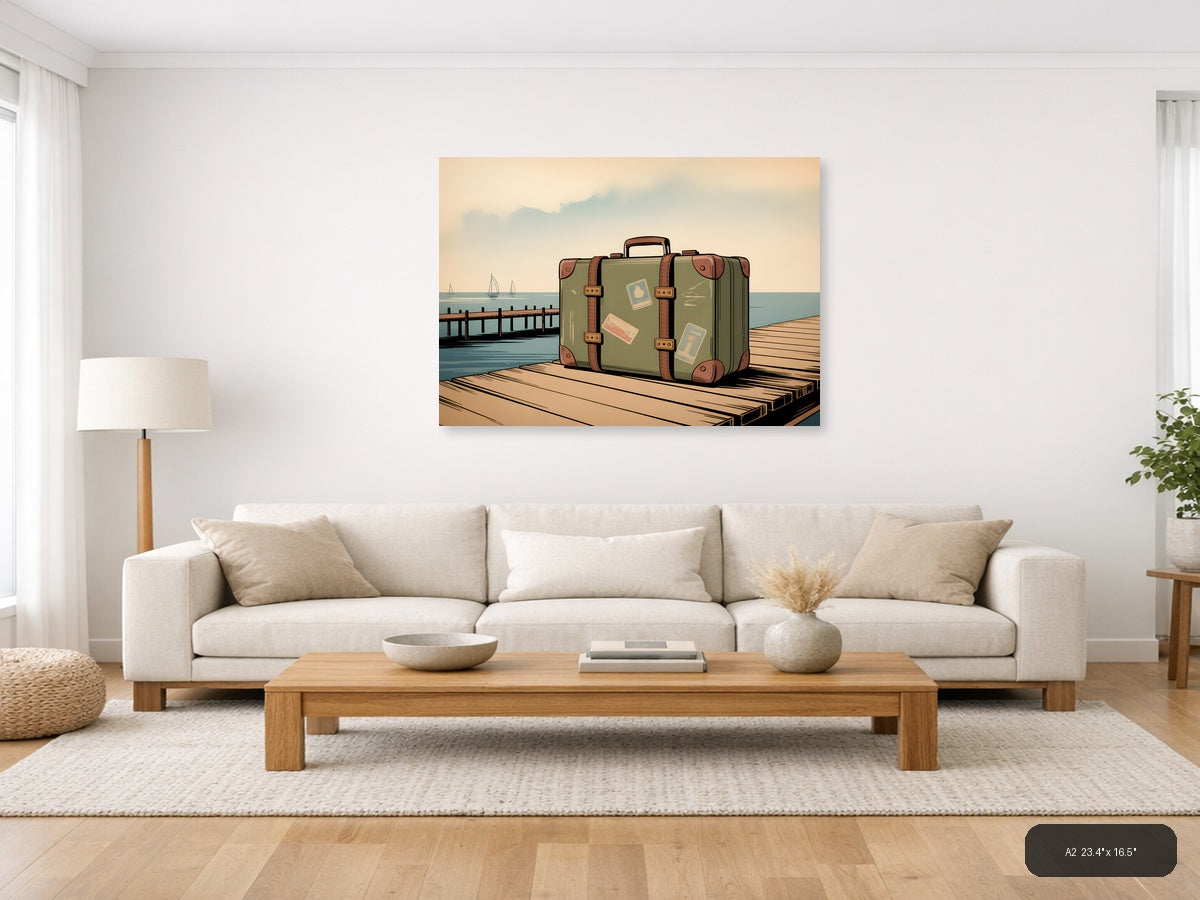 Vintage Suitcase on Dock - Coastal Travel Wall Art — A2 / Living Room