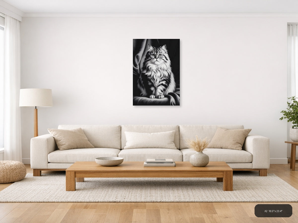Fluffy Long-Haired Tabby Cat Portrait Photography Wall Art — A2 / Living Room