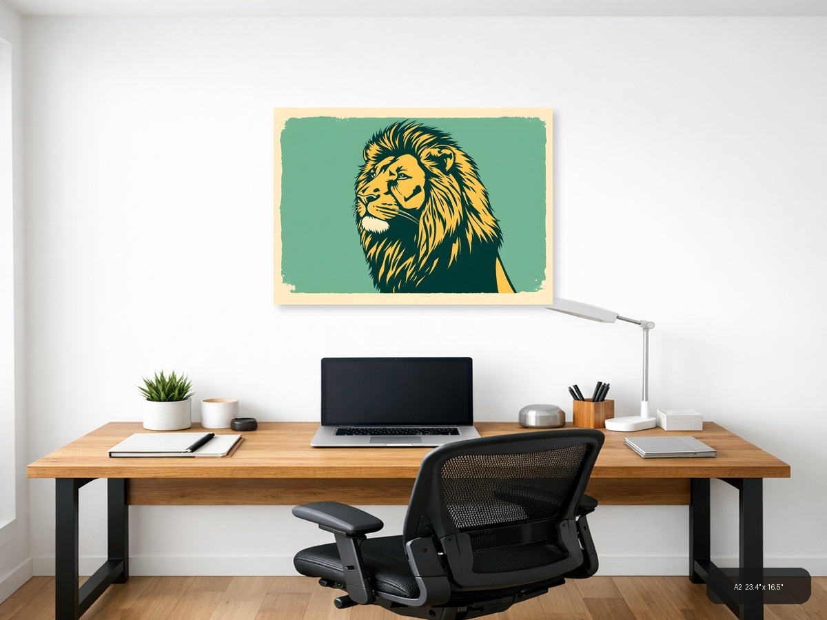 Vintage Lion Head Portrait Teal & Gold Wall Art — A2 / Office