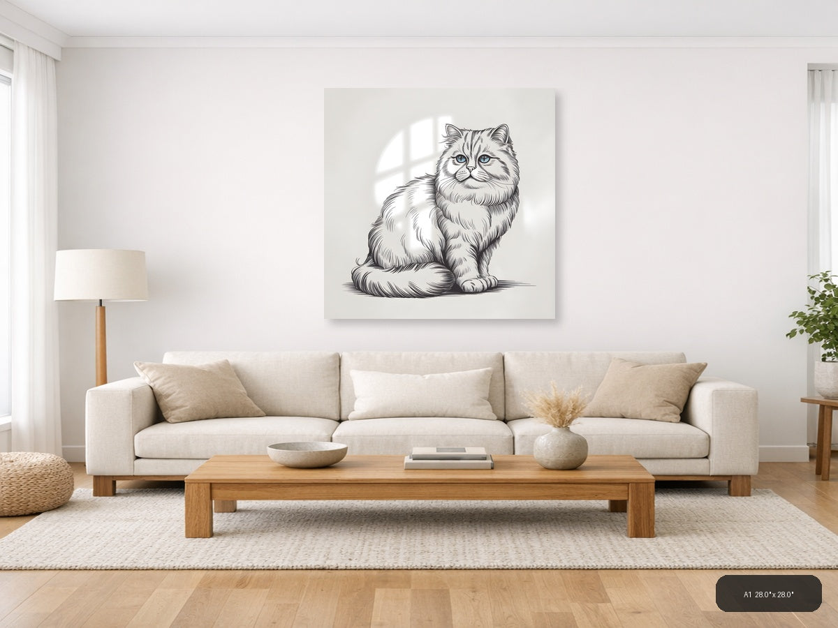 Fluffy Cat with Blue Eyes Line Art Wall Art — A1 / Living Room