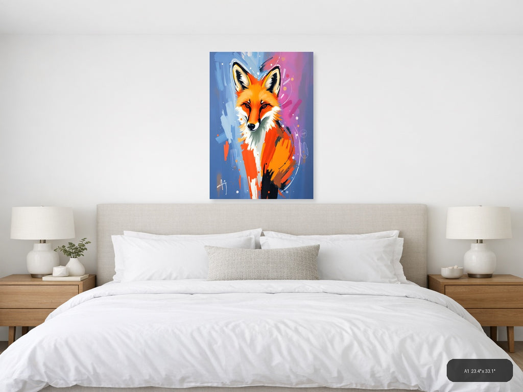 Abstract Fox Portrait: Vibrant Orange & Blue Wall Art — A1 / Bedroom
