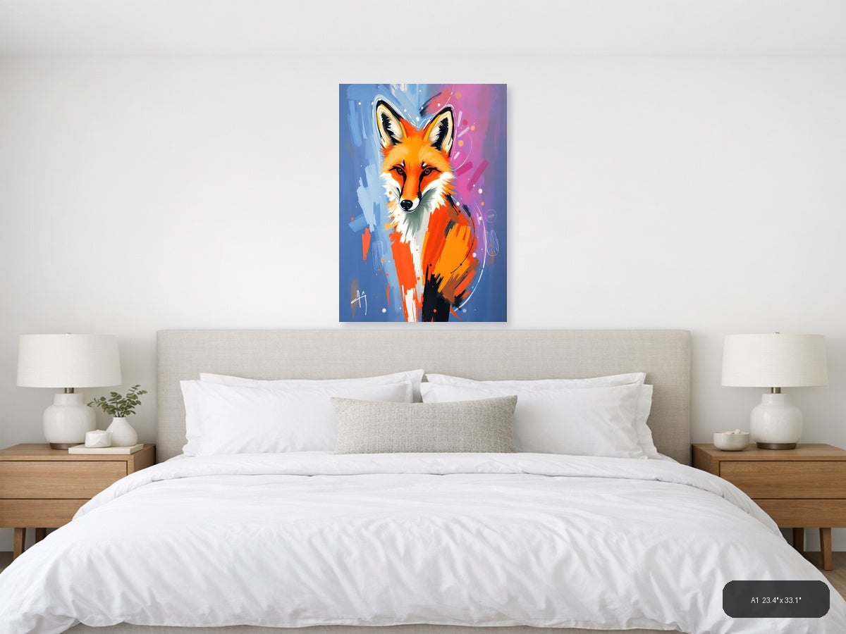 Abstract Fox Portrait: Vibrant Orange & Blue Wall Art — A1 / Bedroom