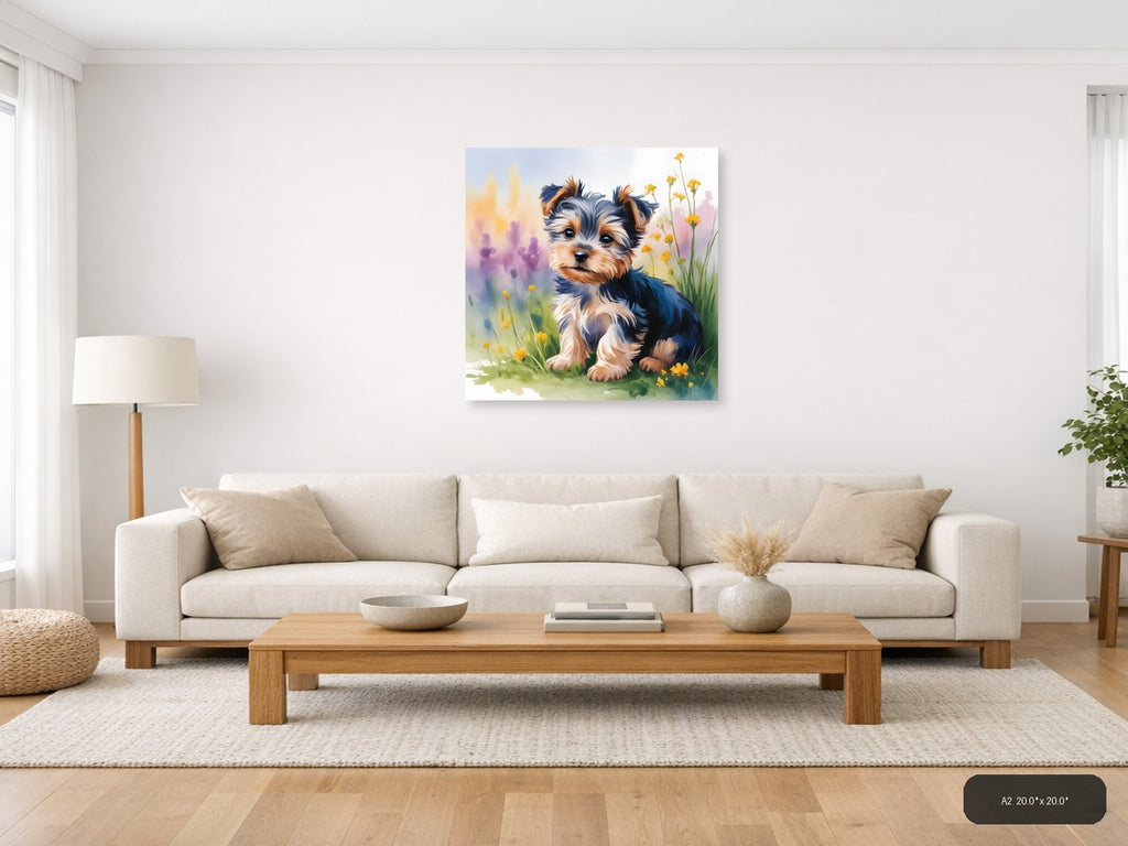 Adorable Puppy with Yellow Flowers Watercolor Wall Art — A2 / Living Room