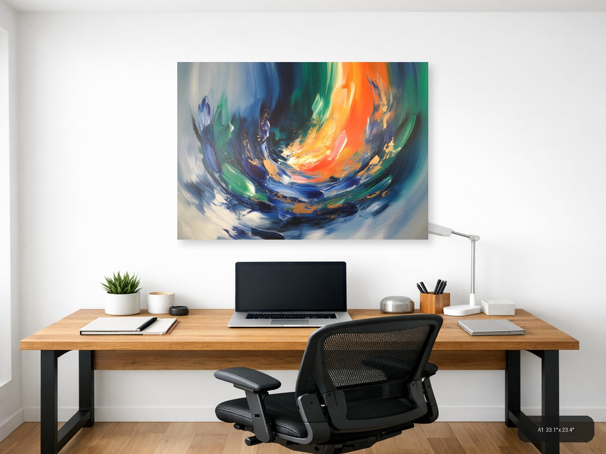 Vibrant Abstract Swirl with Orange and Blue Wall Art — A1 / Office