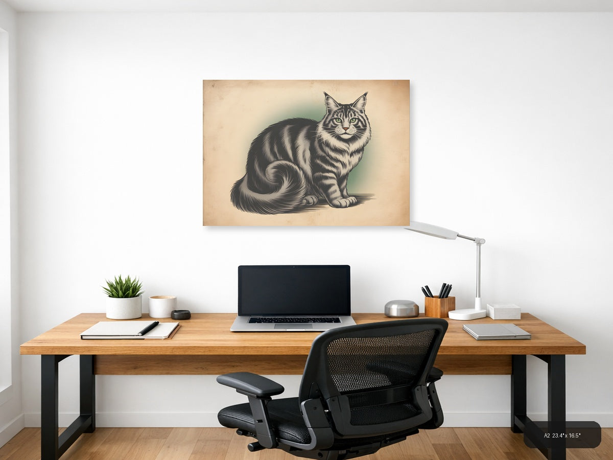 Vintage Tabby Cat Portrait with Green Eyes Wall Art — A2 / Office