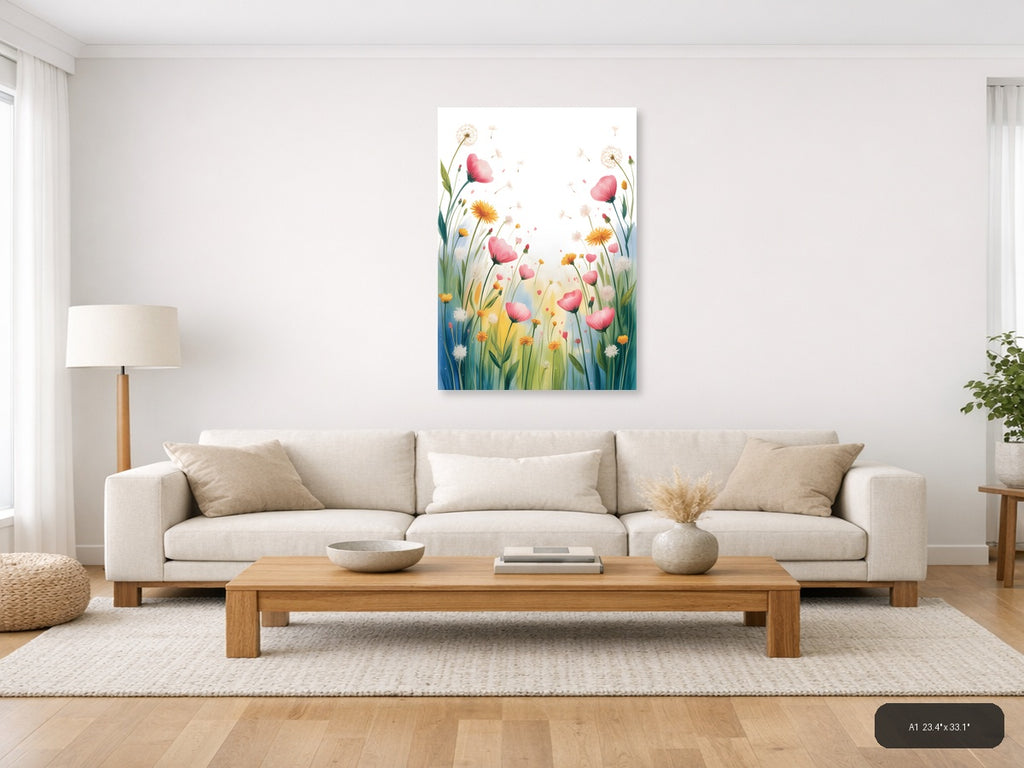 Pink Wildflowers & Dandelions Watercolor Wall Art — A1 / Living Room