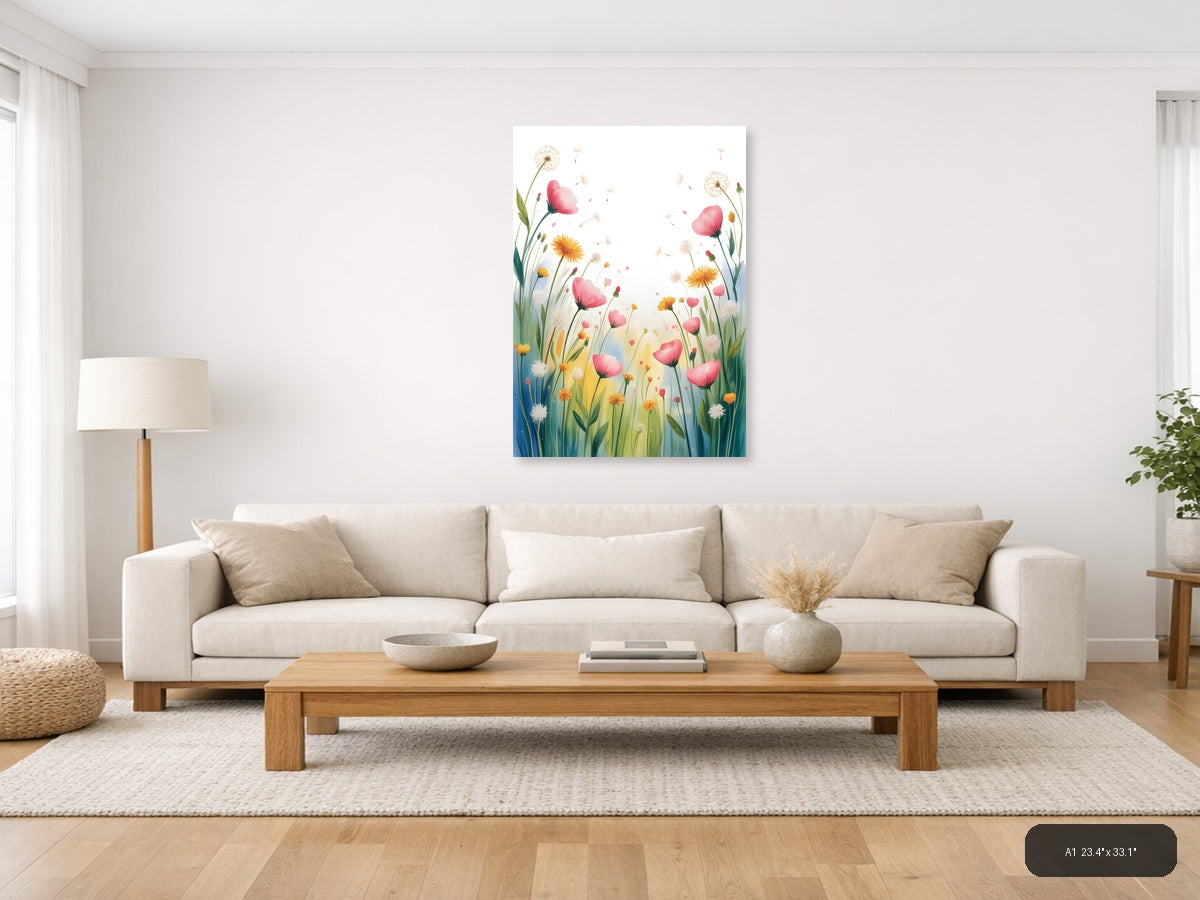 Pink Wildflowers & Dandelions Watercolor Wall Art — A1 / Living Room
