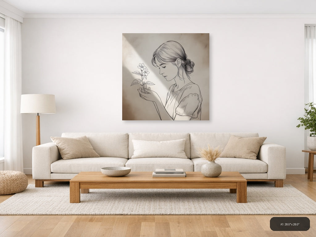 Woman with Flower Line Art Drawing Wall Art — A1 / Living Room